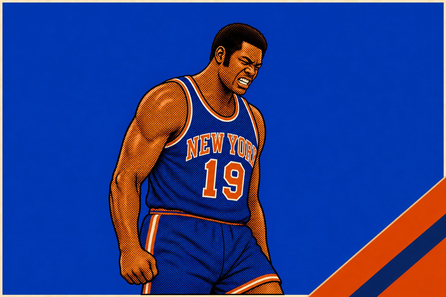 Stylized illustration of a Knicks player in #19 jersey limping onto the court at Madison Square Garden, May 1970.