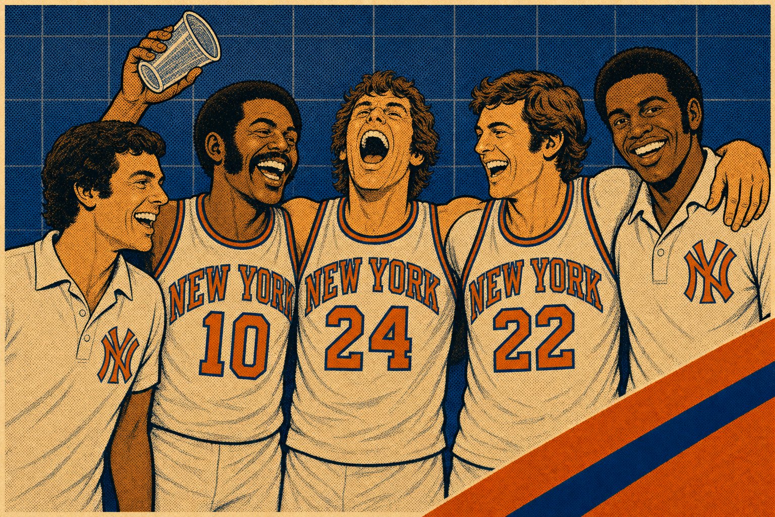 Stylized illustration of the 1969–70 Knicks celebrating with the championship trophy.