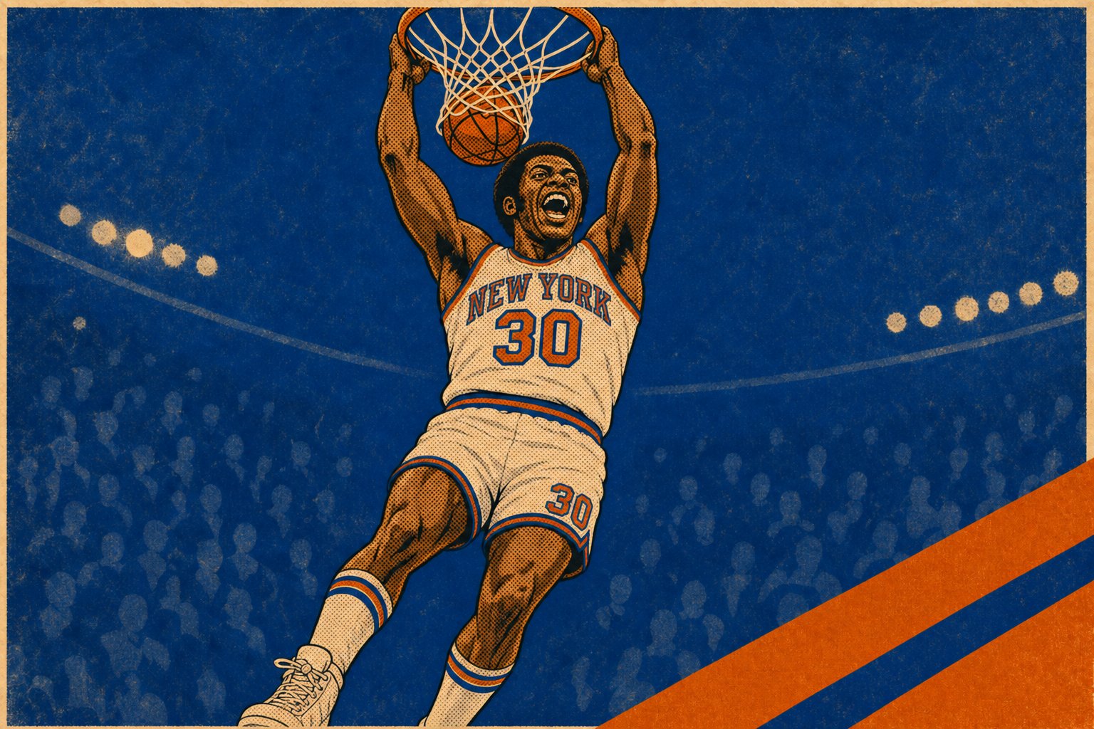 Stylized illustration of a Knicks player in #30 jersey rising for a mid-range jump shot at Madison Square Garden, December 1984.