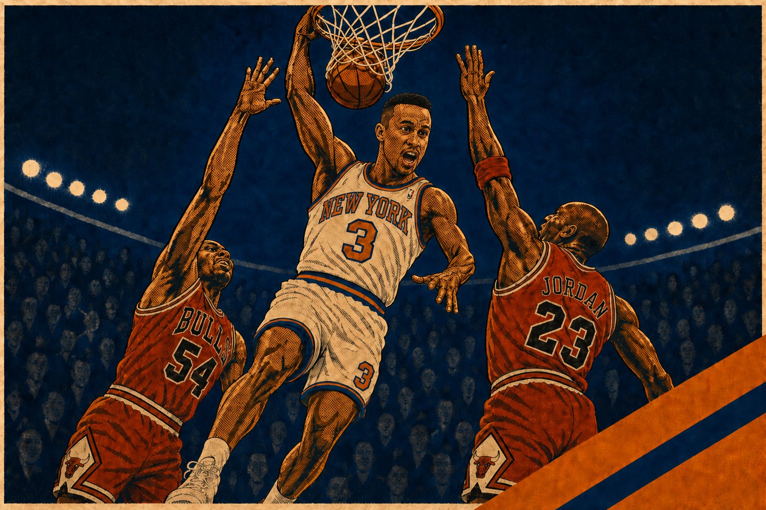 Stylized illustration of a Knicks player in #3 jersey dunking left-handed at peak extension over two Bulls defenders, May 1993.