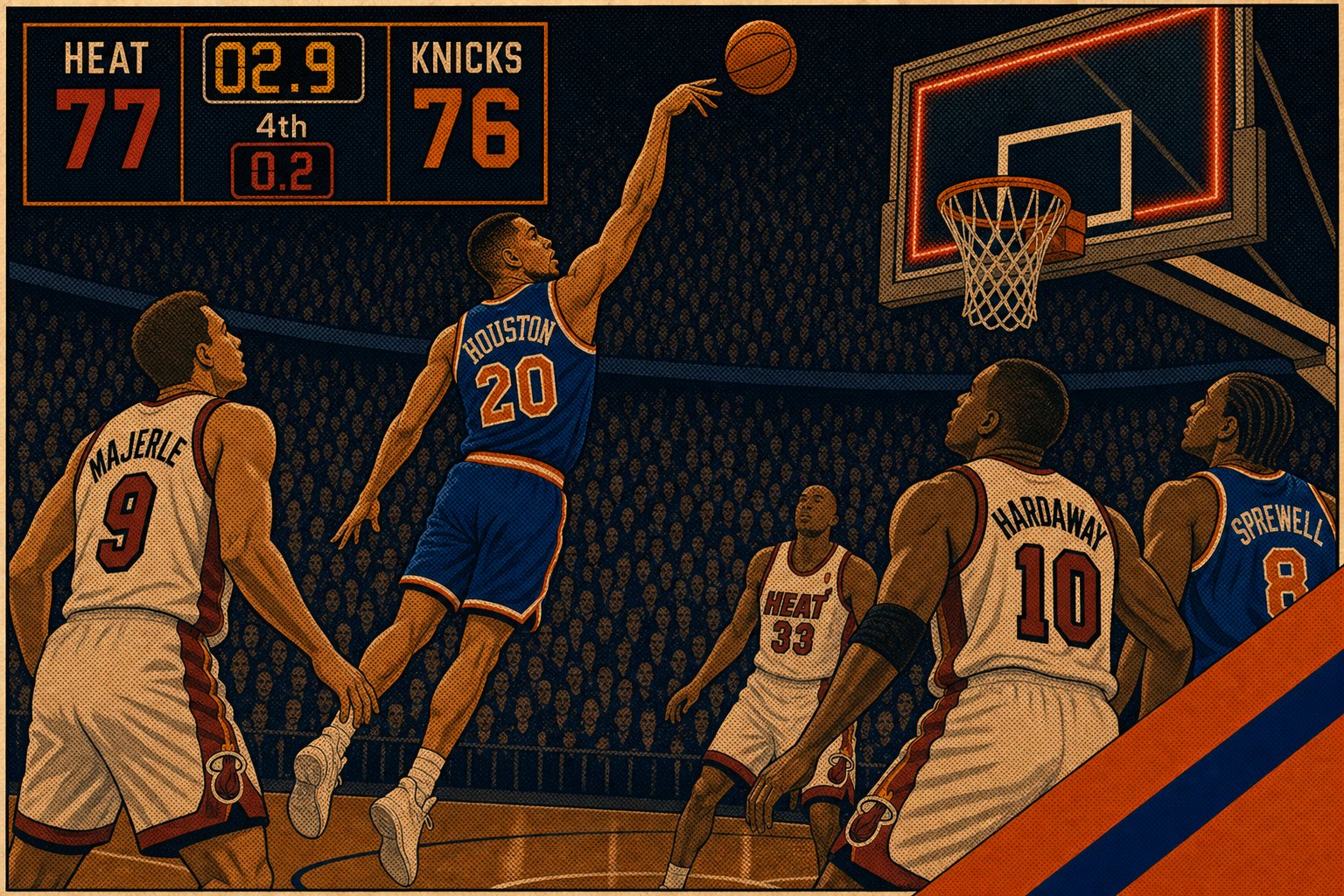 Stylized illustration of a Knicks player in #20 jersey releasing a high-arcing runner with a defender stretching to contest, May 1999.