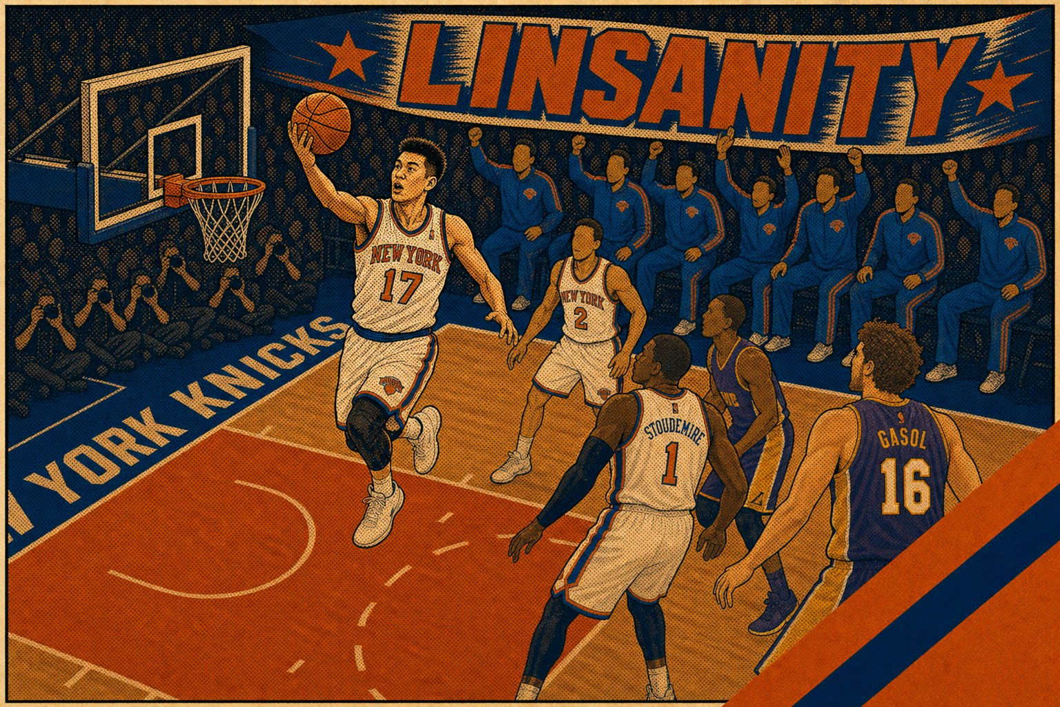 Stylized illustration of a Knicks player in #17 jersey mid-celebration at Madison Square Garden, February 2012.
