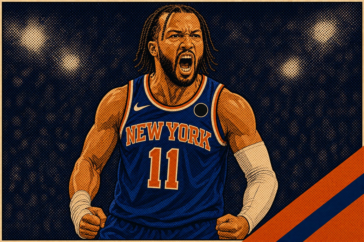 Stylized illustration of a Knicks player in #11 jersey driving with the ball through a defender, April 2024.