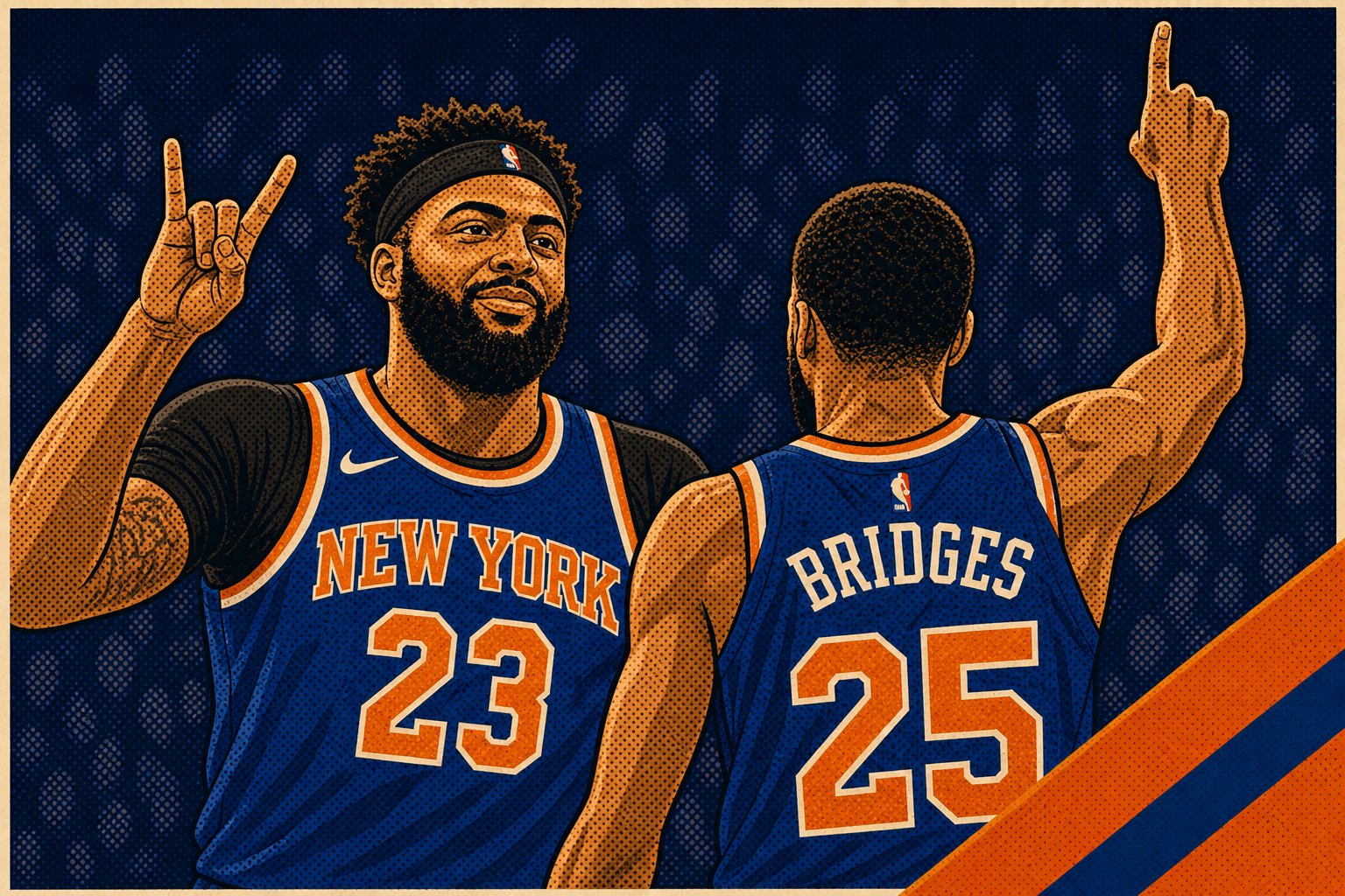 Stylized illustration of the Knicks bench celebrating in the closing minute of a blowout playoff win, April 2026.