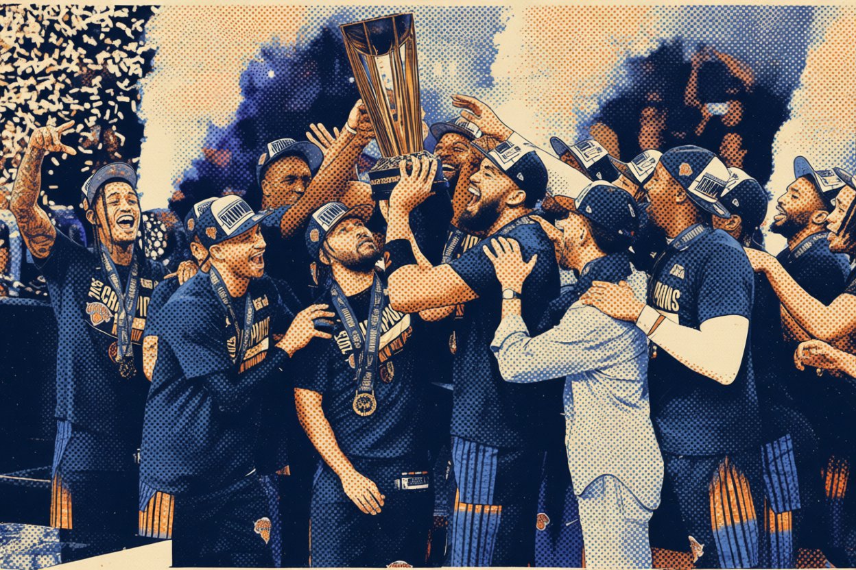 Stylized illustration of the New York Knicks hoisting the championship trophy amid gold confetti and smoke, June 2026.