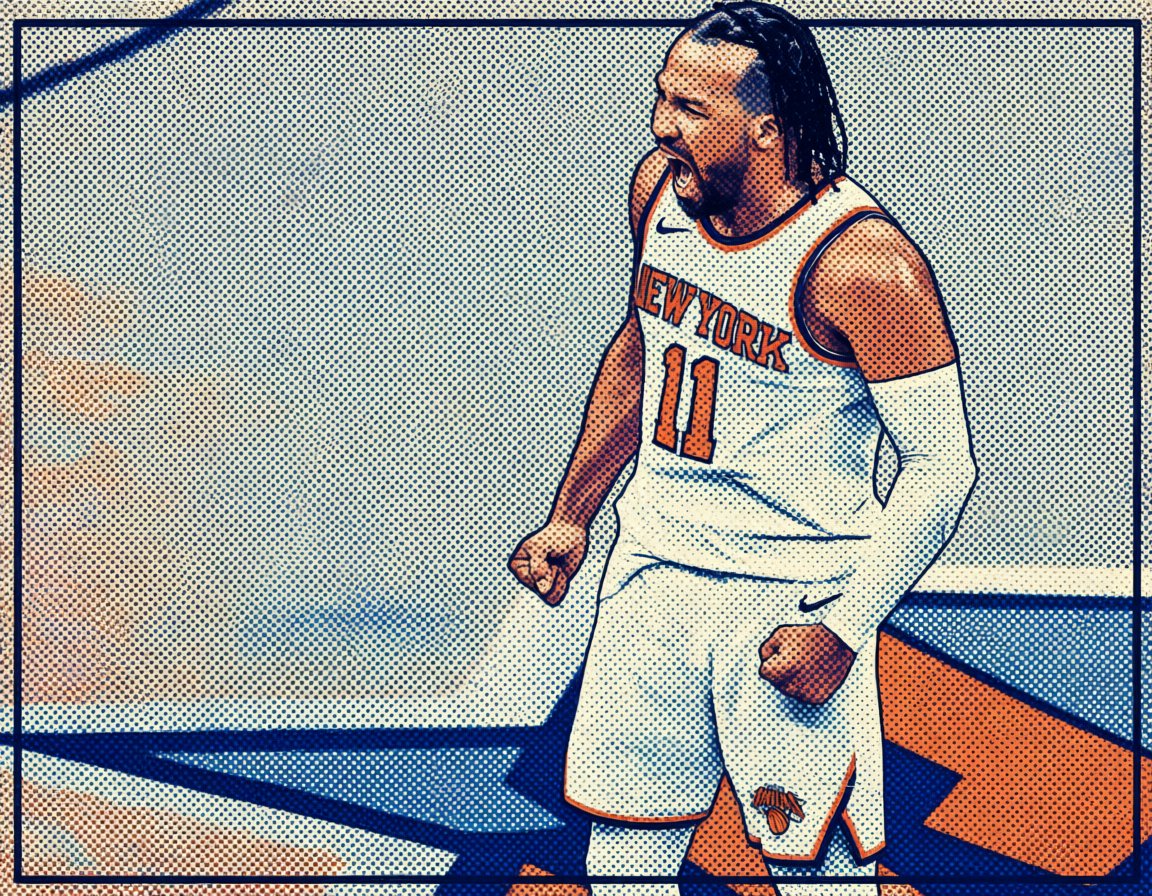 Stylized illustration of Jalen Brunson in a white Knicks #11 jersey roaring with fists clenched after the championship-clinching win.